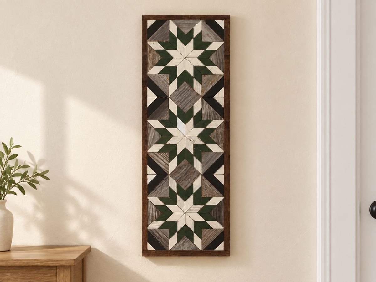 Amish Handmade Barn Quilt Banner displaying a colorful geometric pattern, measuring 10.5 x 30 inches, by Amish Country Store.