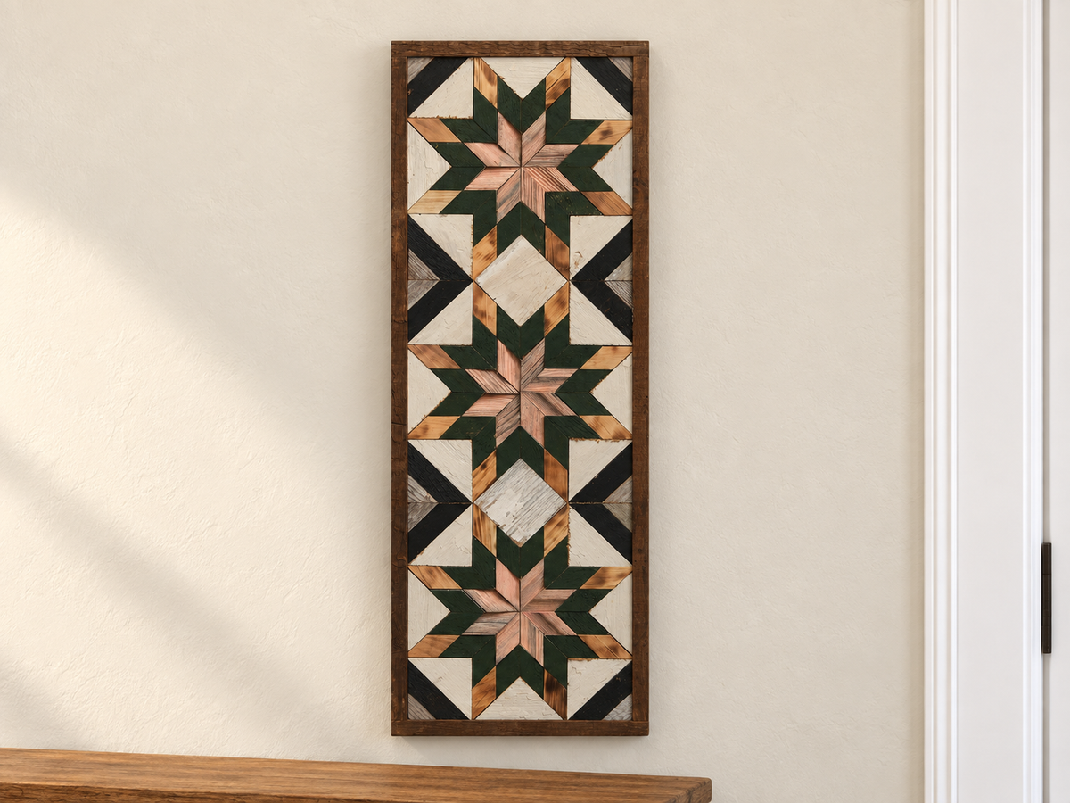 Amish Handmade Barn Quilt banner with colorful geometric patterns, measuring 10.5 x 30 inches, displayed on a wall.