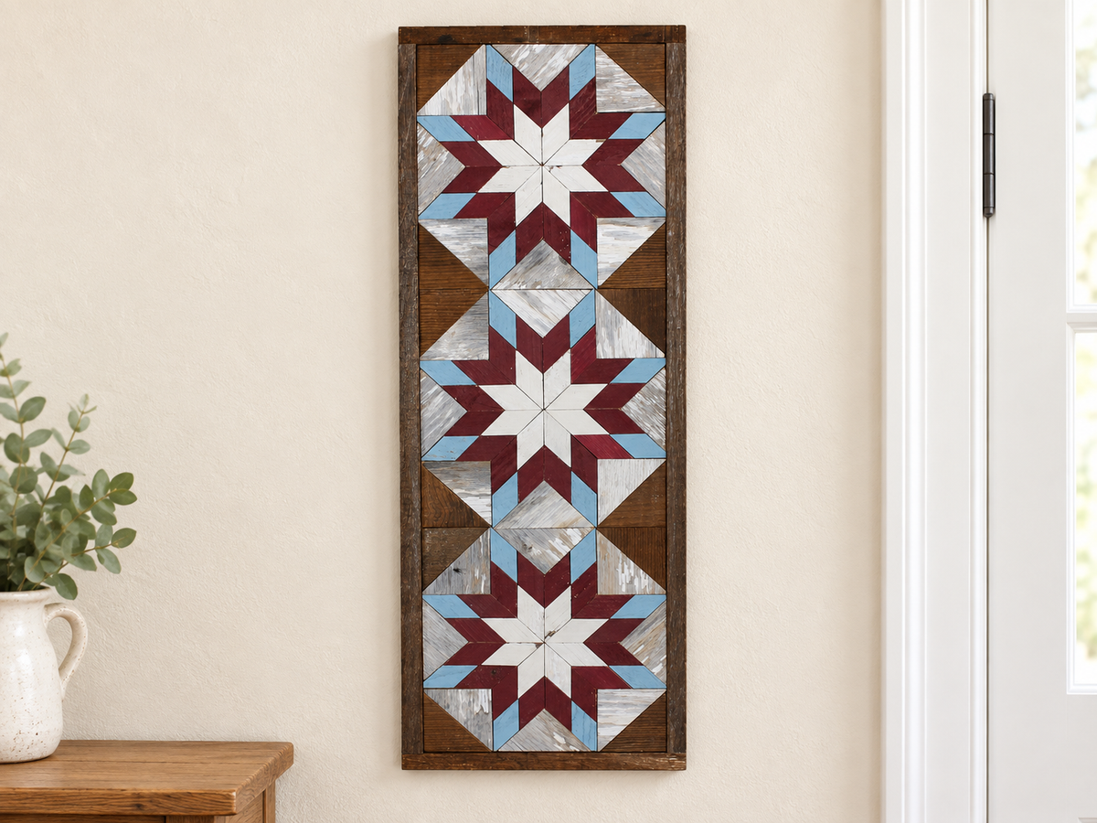 Amish Handmade Barn Quilt Banner featuring traditional geometric patterns in vibrant colors, 10.5 x 30 inches.