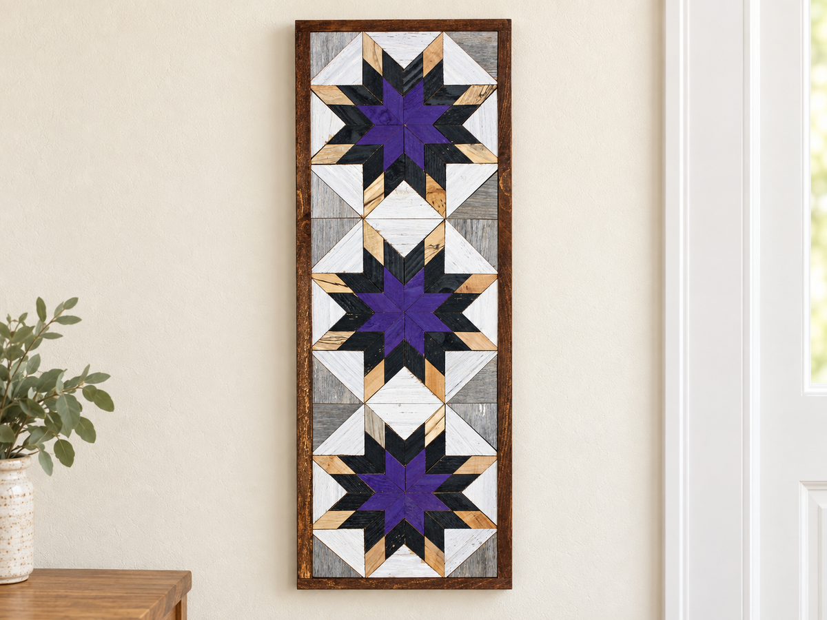Amish Handmade Barn Quilt banner featuring a colorful geometric pattern, measuring 10.5 x 30 inches, displayed flat.