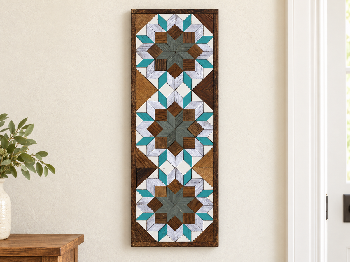 Amish handmade barn quilt banner featuring vibrant geometric patterns, measuring 10.5 x 30 inches, by Amish Country Store.