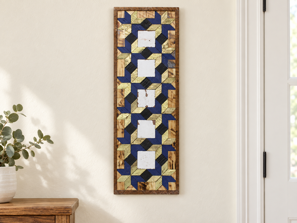 Amish Handmade Barn Quilt banner featuring traditional geometric pattern, measuring 10.5 x 30 inches, displayed on a white background.