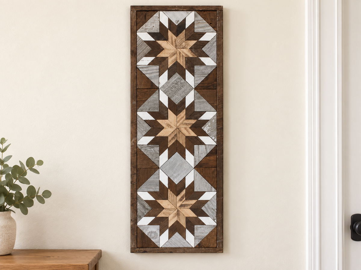 Amish handmade barn quilt banner featuring colorful geometric patterns, measuring 10.5 x 30 inches, by Amish Country Store.
