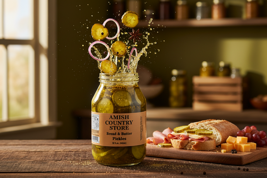 Canned Amish Country Store Bread & Butter Pickles jar with label, front view, 32 oz size, showcasing the pickle slices inside.