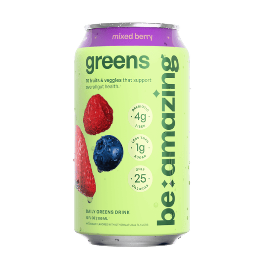 Be Amazing Daily Greens RTD drink in pink lemonade flavor, 8-pack, ready-to-drink nutritional supplement with vibrant pink beverage.