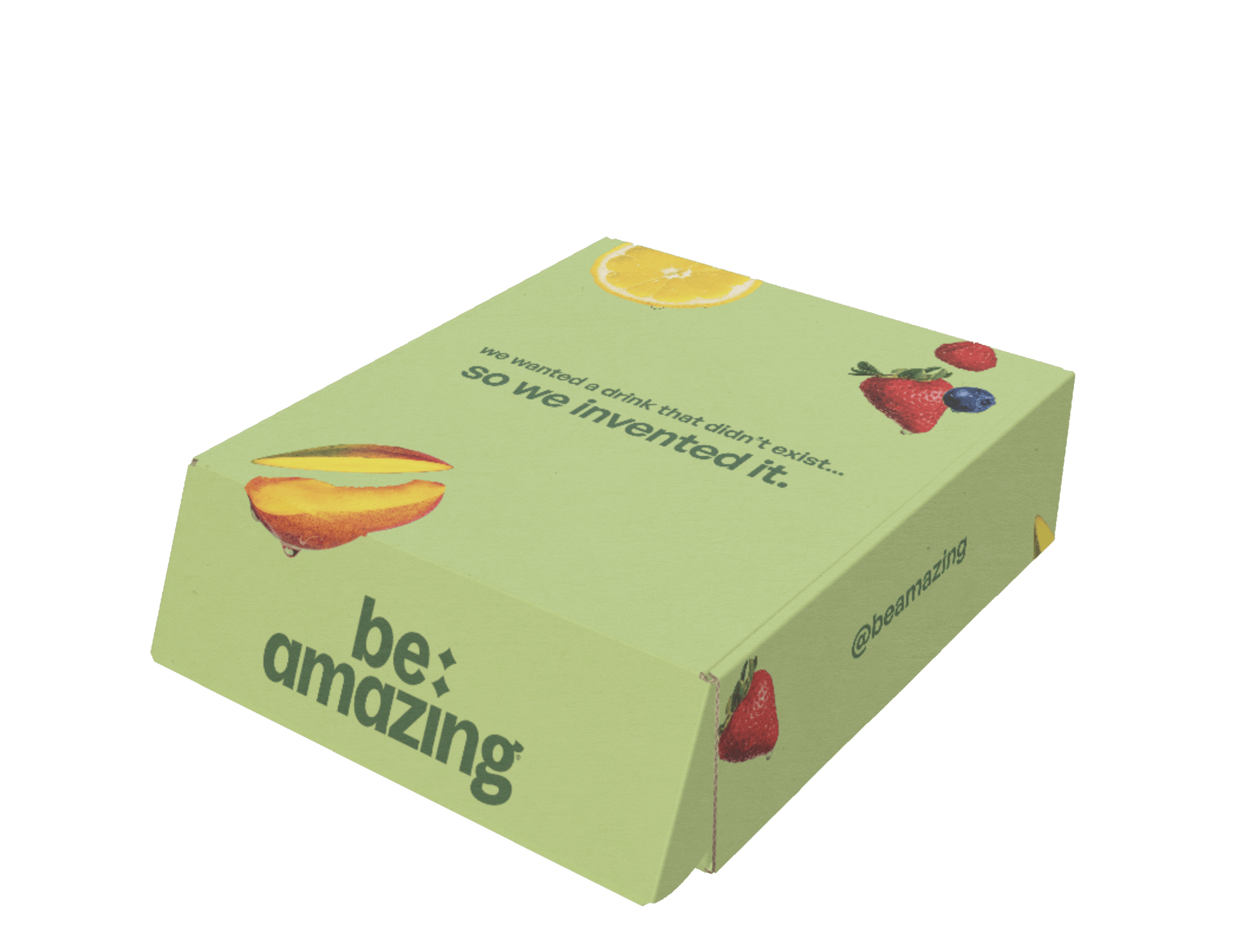 Be Amazing Daily Greens RTD drink in pink lemonade flavor, 8-pack, showing colorful bottles with fresh fruit garnish.