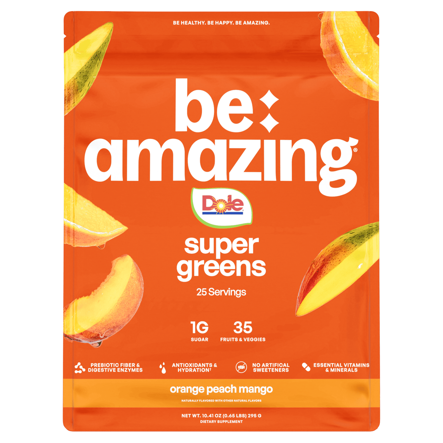 Be Amazing Super Greens powder in a Dole Whip Pineapple flavor container, featuring a vibrant green and yellow label.