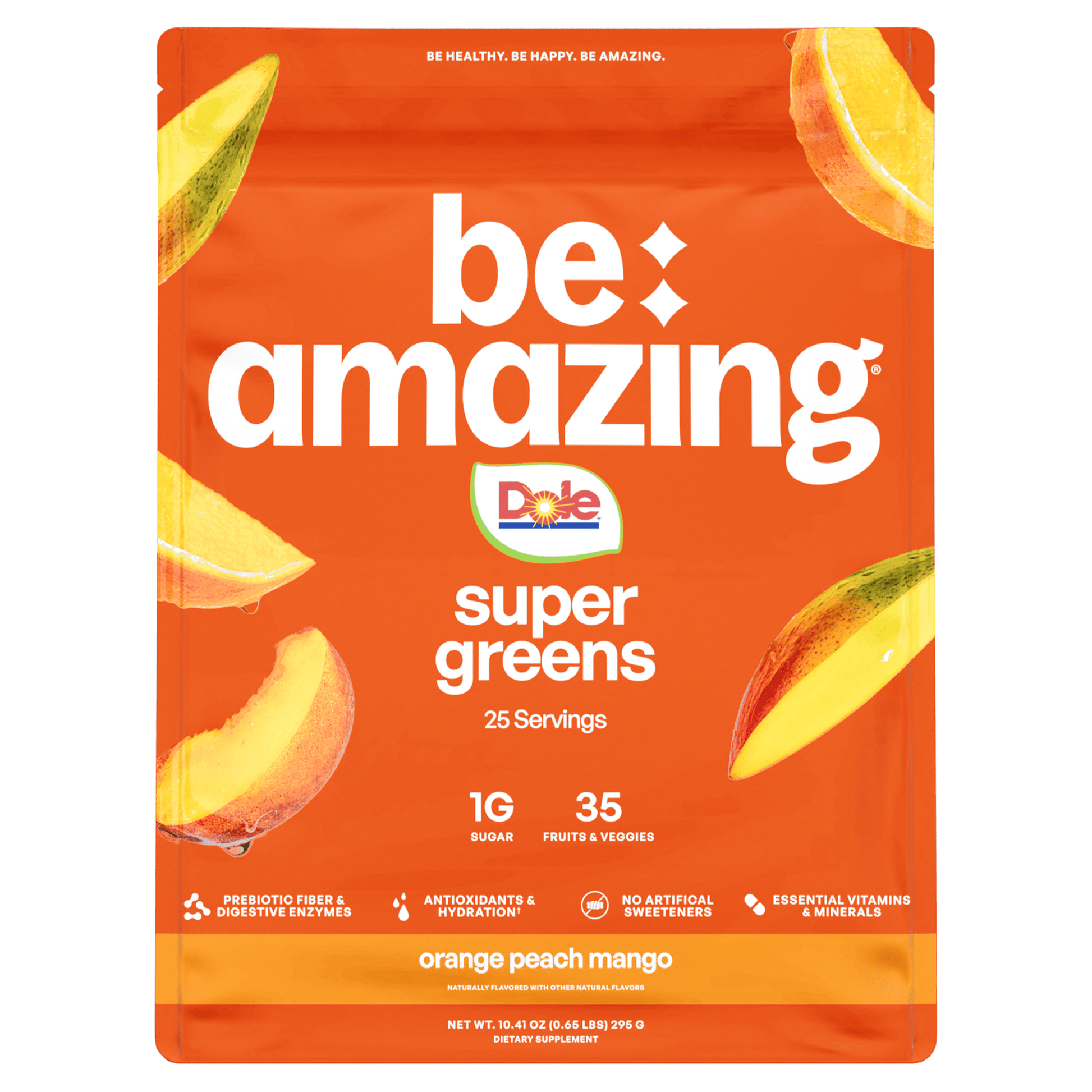 Be Amazing Super Greens powder in a Dole Whip Pineapple flavor container, featuring a vibrant green and yellow label.