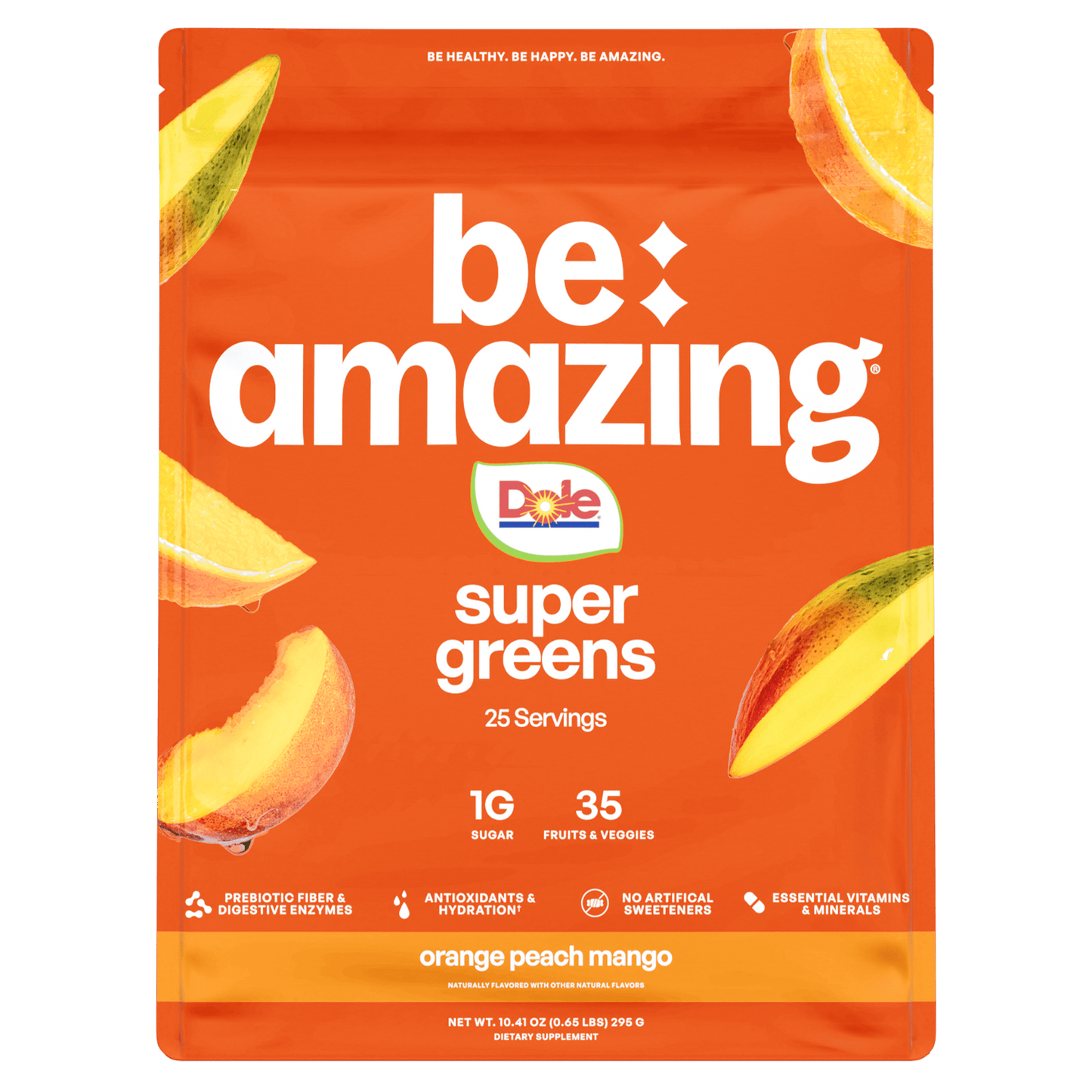 Be Amazing Super Greens supplement with Dole Whip Pineapple flavor, featuring vibrant greens and pineapple flavor packaging.
