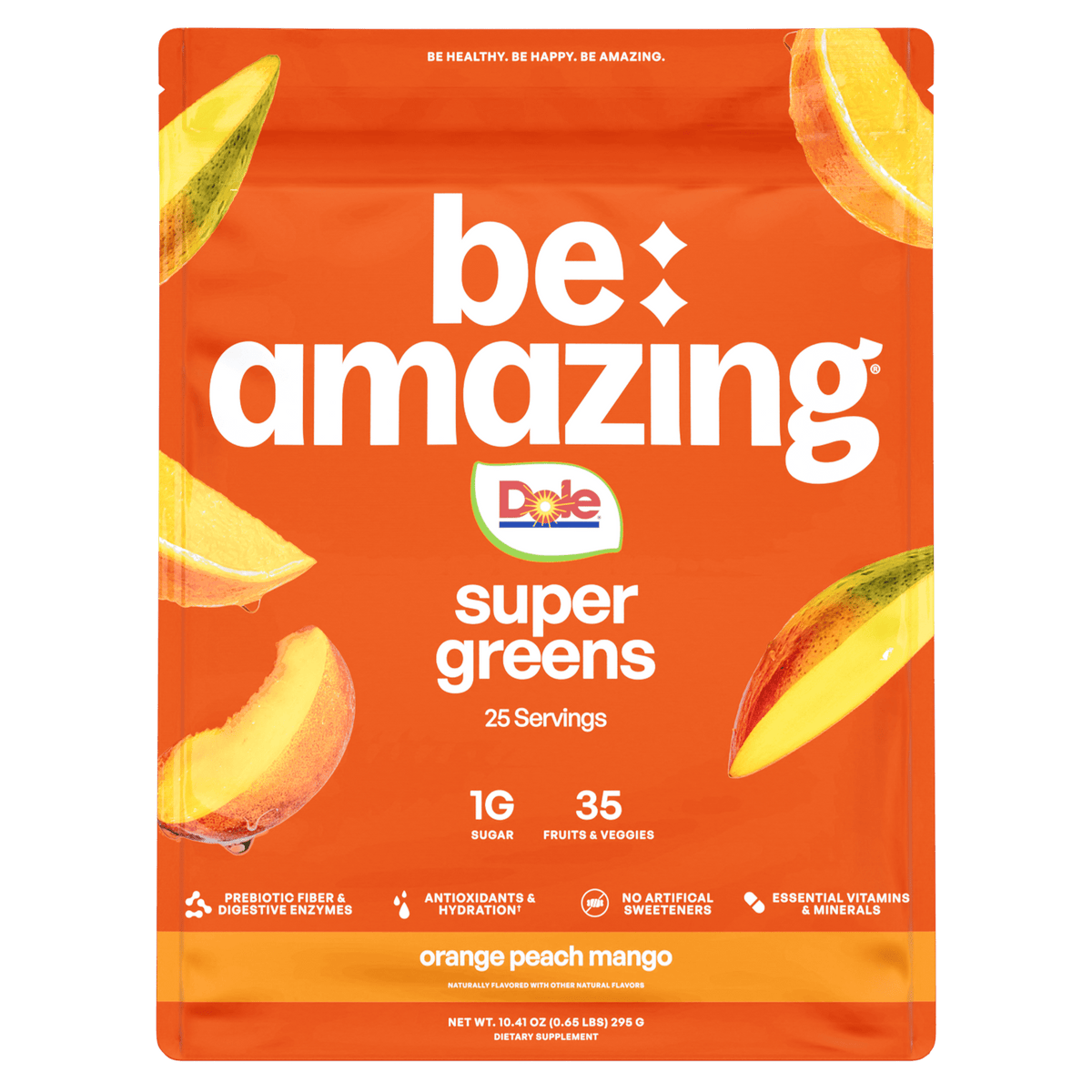 Be Amazing Super Greens supplement with Sunny D Tangy flavor, showing the vibrant green powder in a container.