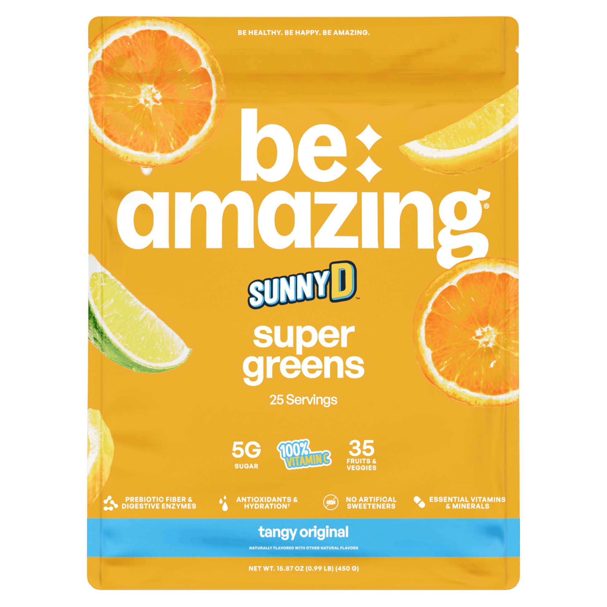 Be Amazing Super Greens powder with Dole Whip Pineapple flavor in a 25-serving container, showing the colorful product packaging.