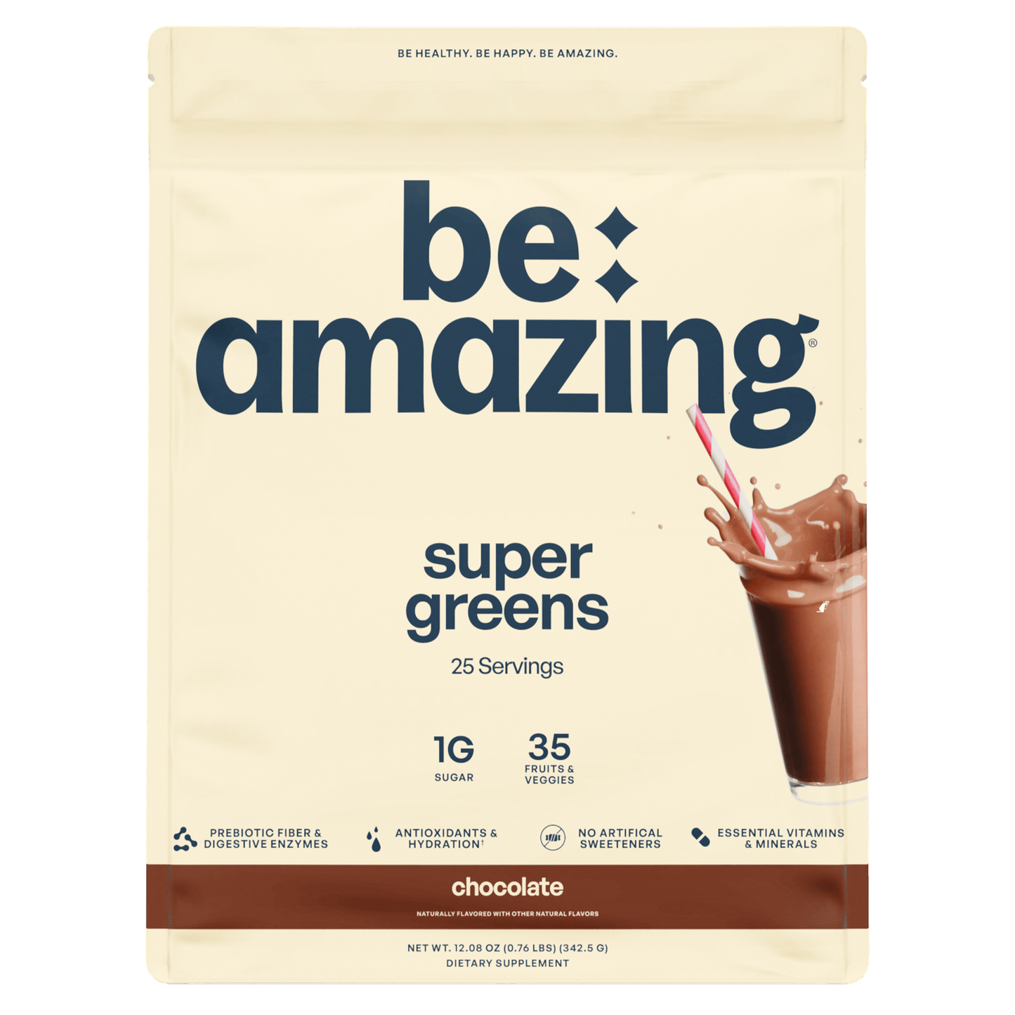 Be Amazing Super Greens powder with Dole Whip Pineapple flavor, featuring 25 servings of nutrient-rich green superfood blend.
