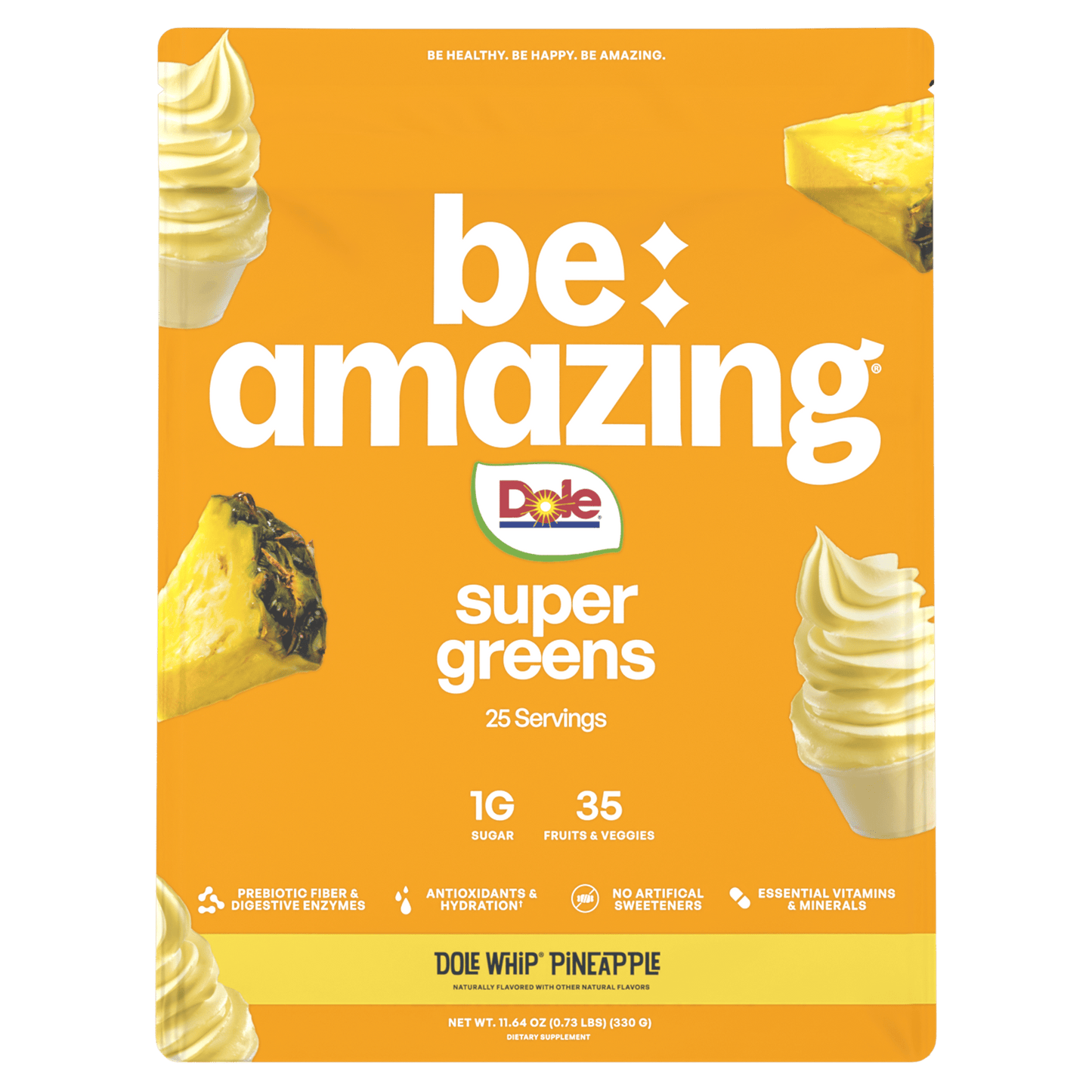 Be Amazing Super Greens powder with Dole Whip Pineapple flavor, showing the vibrant green supplement packaging.