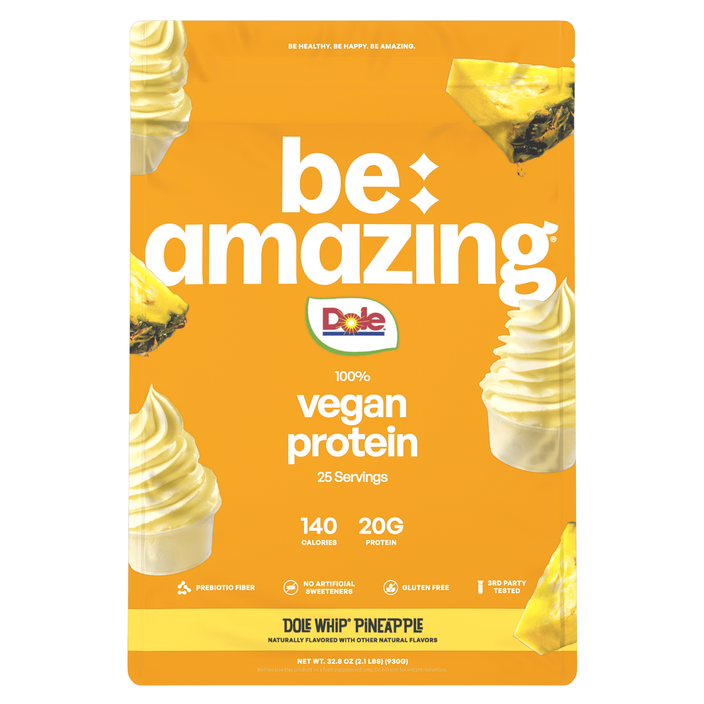 Be Amazing vegan protein powder with brown sugar and oatmeal flavor in a 25-serving container, showcasing the product scoop.