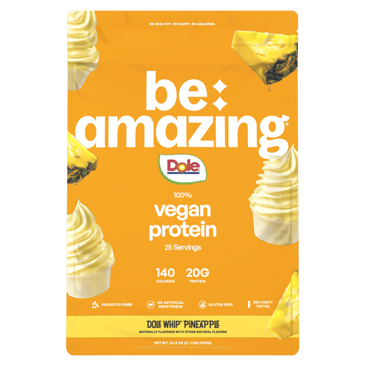 Be Amazing vegan protein powder with brown sugar and oatmeal flavor in a 25-serving container, showcasing the product scoop.