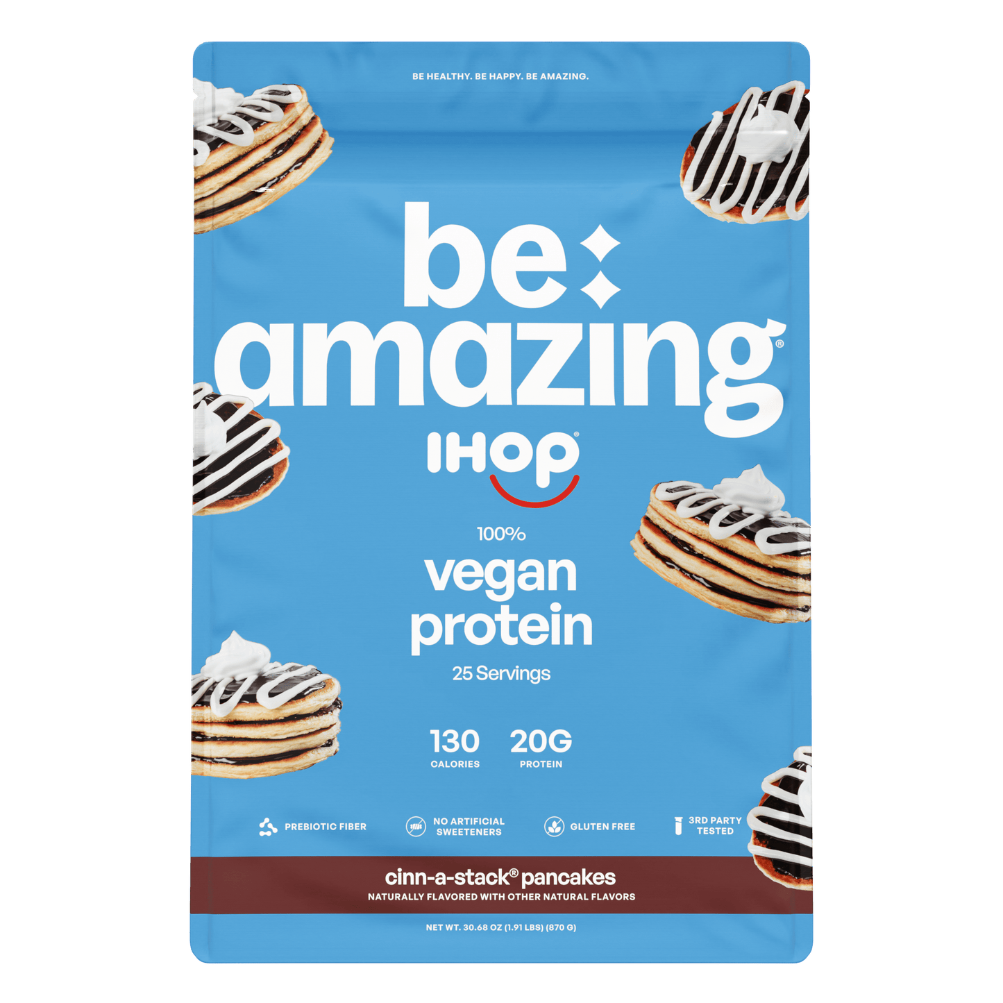 Be Amazing vegan protein powder in brown sugar oatmeal flavor, showcasing the product's packaging with 25 servings.
