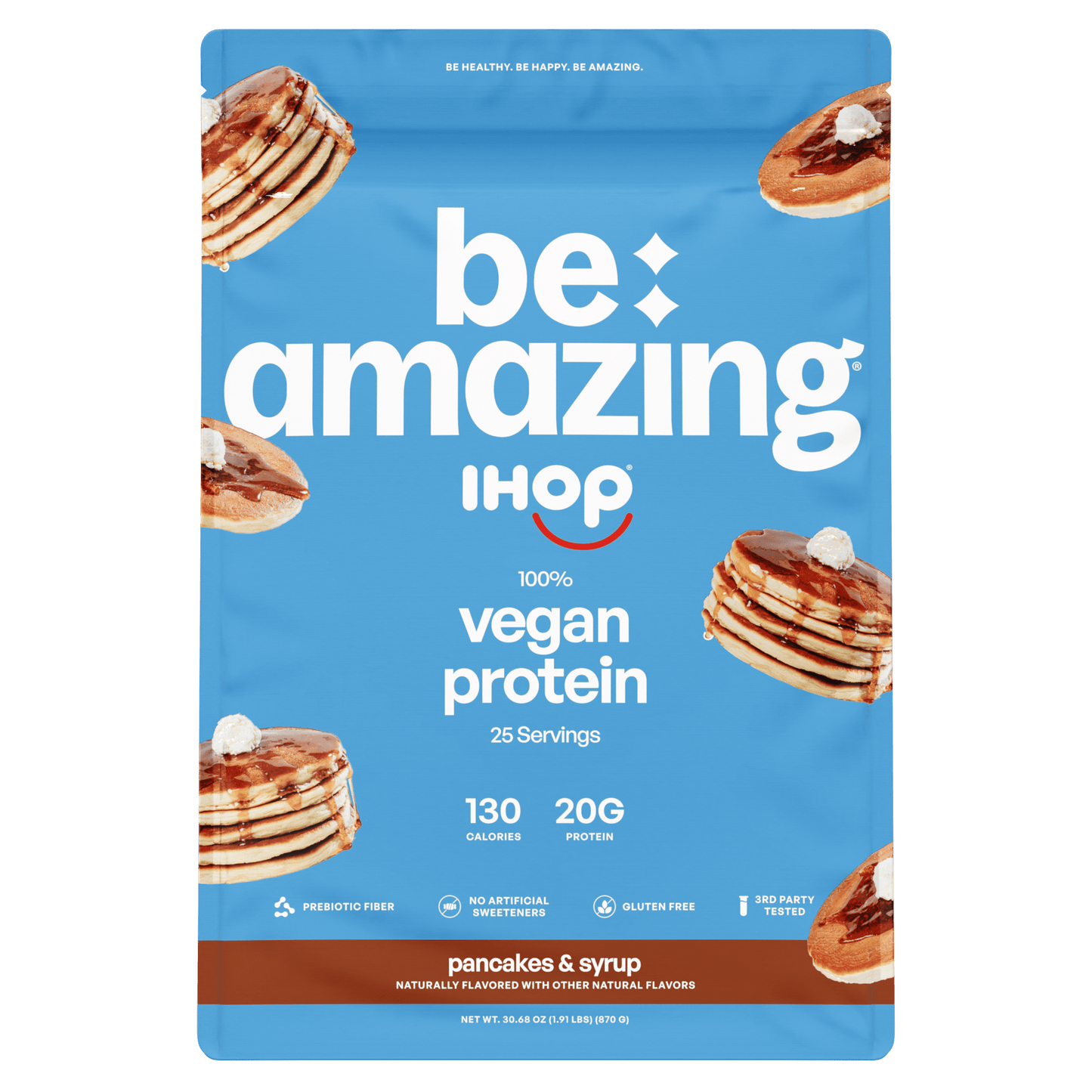 Be Amazing vegan protein powder in brown sugar oatmeal flavor, showing the container with label and scoop, 25 servings.