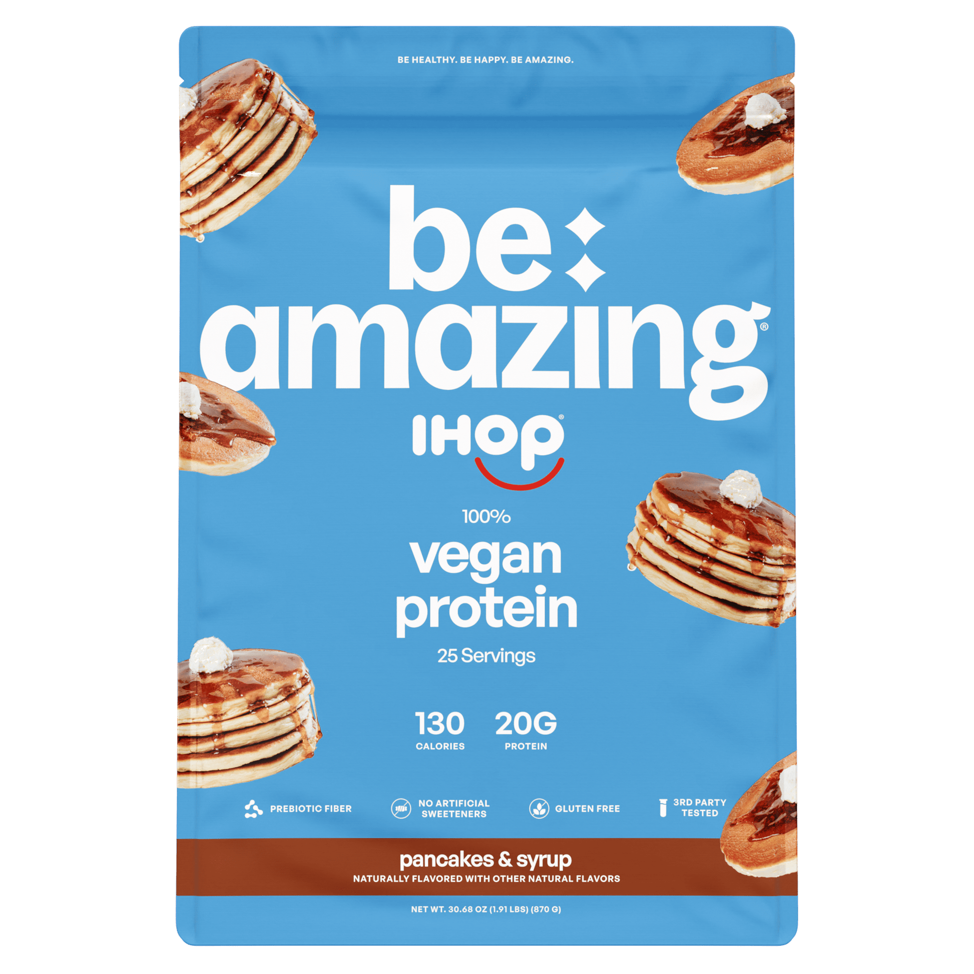 Be Amazing vegan protein powder in brown sugar oatmeal flavor, showing the container with label and scoop, 25 servings.