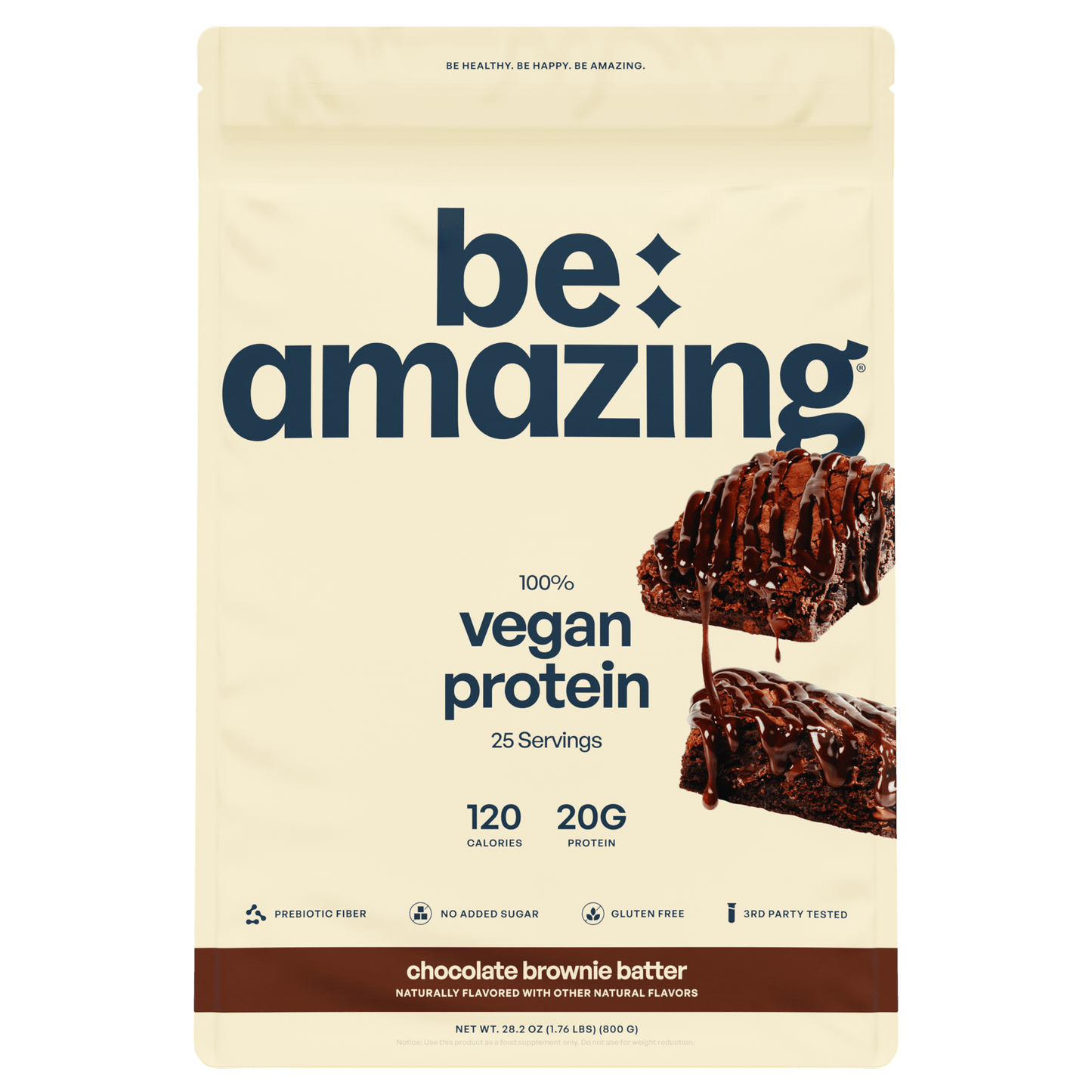 Be Amazing vegan protein powder with brown sugar and oatmeal flavor in a 25-serving container, displayed in the image.