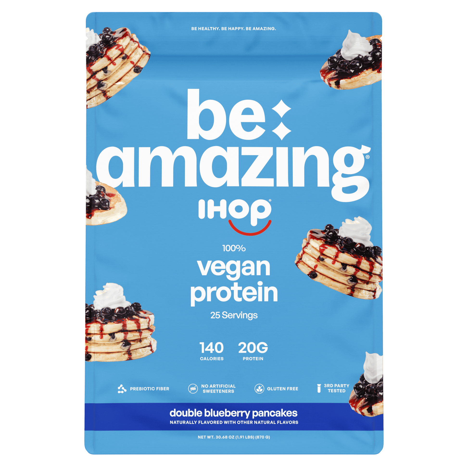Be Amazing vegan protein powder with brown sugar and oatmeal flavor, shown in a container with scoops on a wooden surface