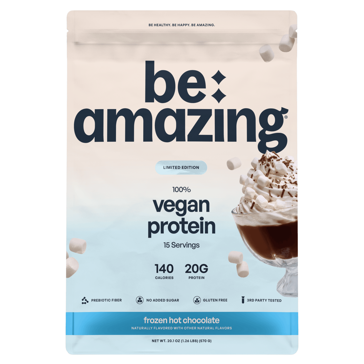 Be Amazing vegan protein powder with brown sugar and oatmeal flavor, shown in a 25-serving container.