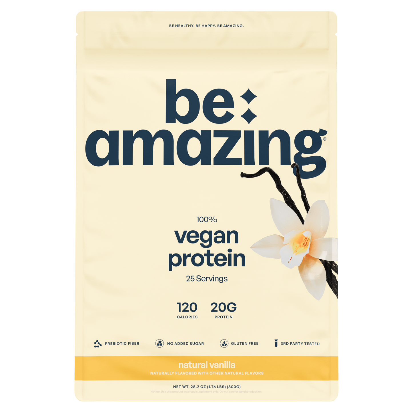 Be Amazing vegan protein powder with brown sugar and oatmeal flavor, 25 servings, showing the container and scoop.