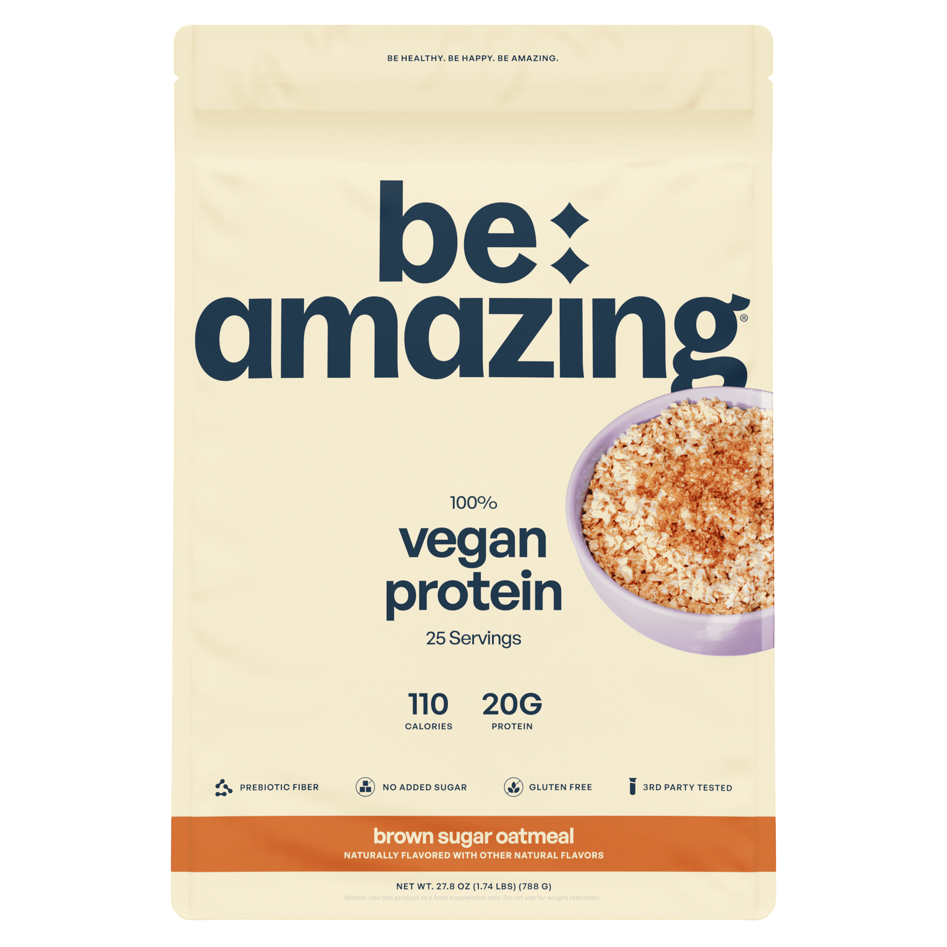 Be Amazing vegan protein powder in brown sugar oatmeal flavor, 25 servings, showing the protein container and flavor label.