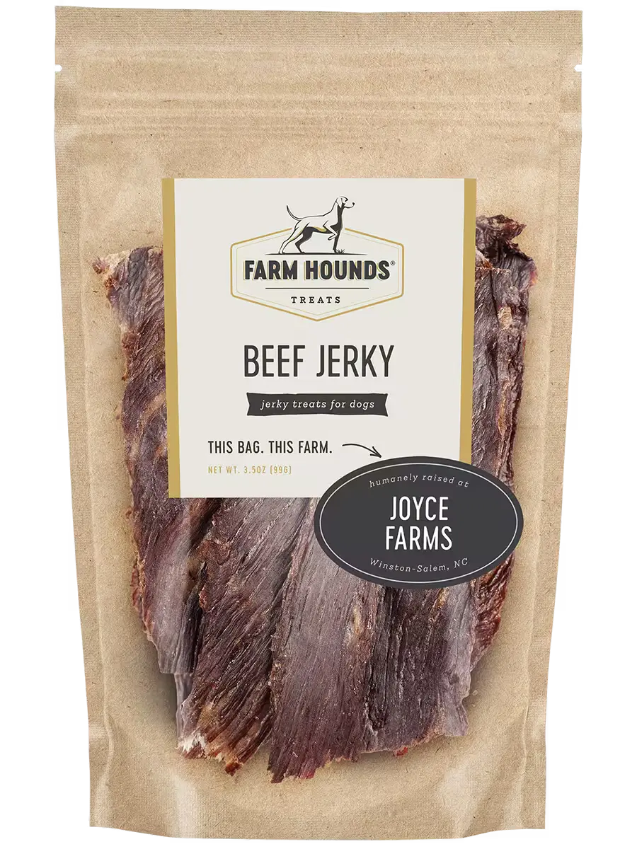 Front view of Farm Hounds beef jerky showing thick, flavorful strips of dried beef jerky in a natural setting.