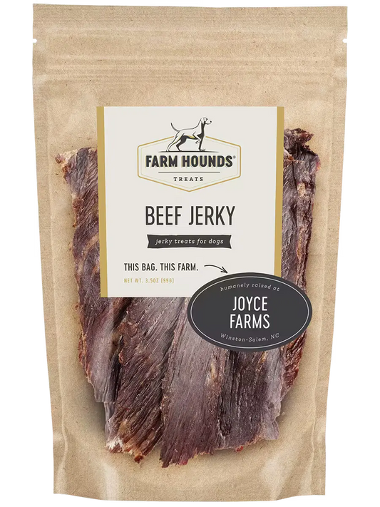 Front view of Farm Hounds beef jerky showing thick, flavorful strips of dried beef jerky in a natural setting.