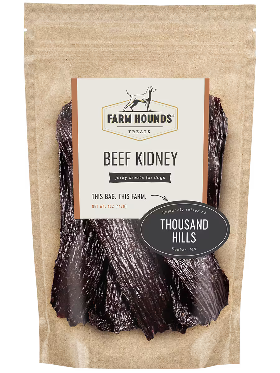 Front view of fresh Farm Hounds beef kidney, a natural organ meat product with detailed texture and rich red color.
