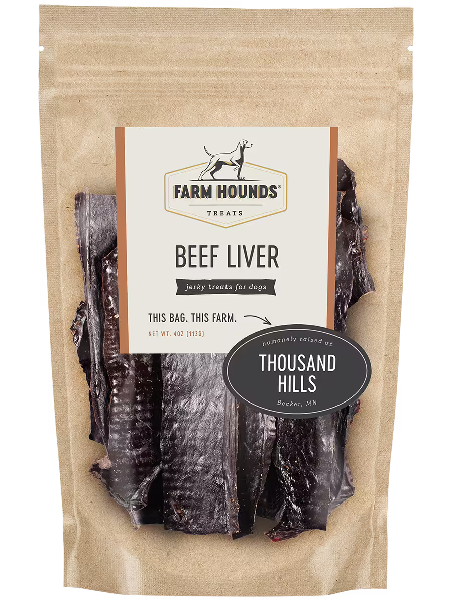 Fresh beef liver organ from Farm Hounds, showing the front view of the raw, sliced beef liver on a clean surface.