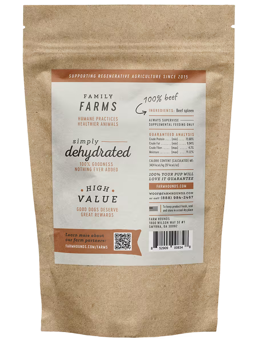 Farm Hounds beef spleen, natural organ meat for pets, showing fresh, sliced beef spleen on a neutral background.