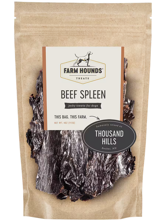 Fresh beef spleen from Farm Hounds, showing the front view of the organ with detailed texture and rich red color.