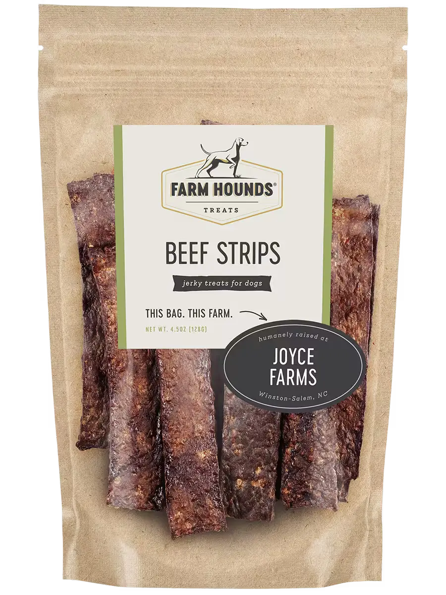 Farm Hounds beef strips treats for dogs, showing front view of chewy, natural beef treats with visible meat texture.
