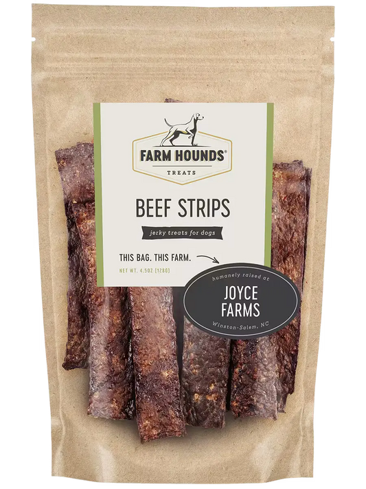 Farm Hounds beef strips treats for dogs, showing front view of chewy, natural beef treats with visible meat texture.