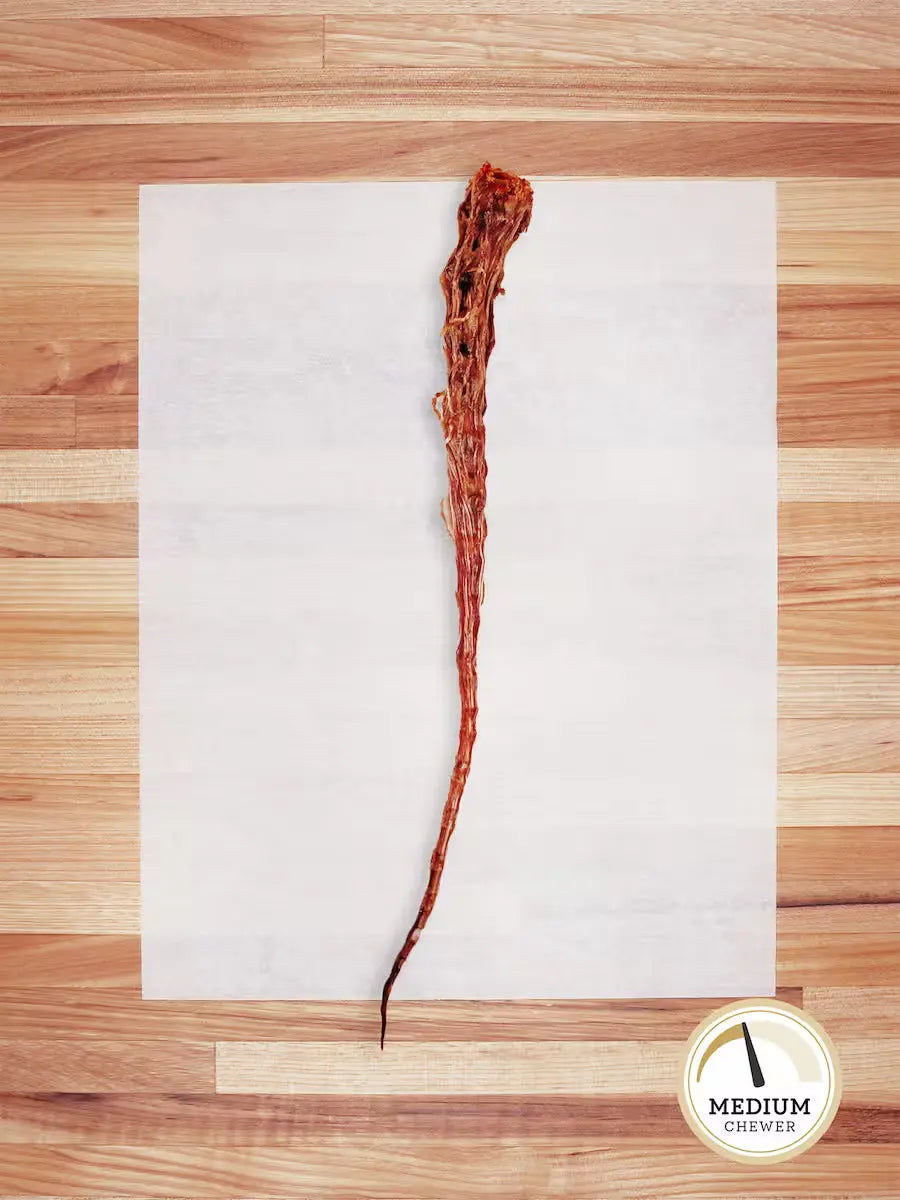Farm Hounds beef tail chew for dogs, showing a natural beef tail treat with textured surface and rich meat details.