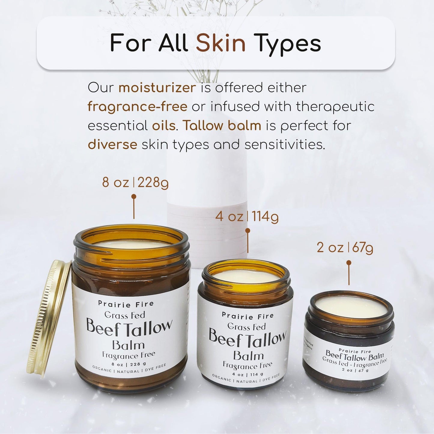 Three jars of Prairie Fire Tallow, Candles, and Lavender’s Beef Tallow Balm in 8 oz, 4 oz, and 2 oz sizes are shown. This organic grass fed moisturizer suits all skin types and comes fragrance-free or with essential oils. Made in the USA.