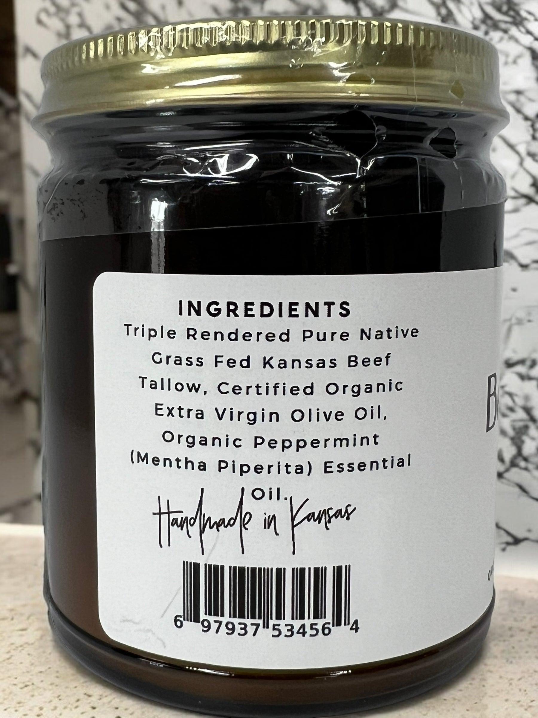 Prairie Fire Tallow, Candles, and Lavender’s Beef Tallow Balm (8 oz) features grass-fed tallow, extra virgin olive oil, and organic peppermint essential oil for natural moisturizing. Handmade in Kansas, the jar includes a white label and barcode. Made in USA.
