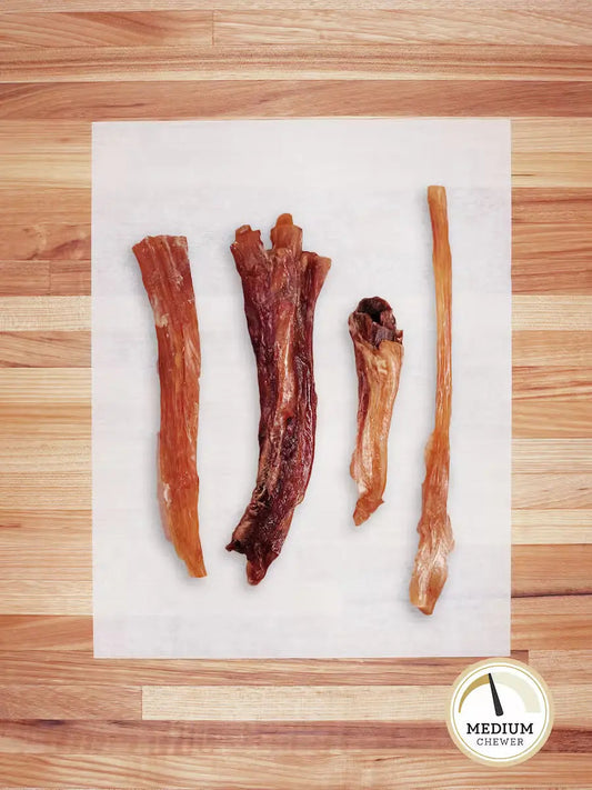 Farm Hounds grass-fed beef tendons chews for dogs, showing natural, textured beef tendons ready for pet treats.