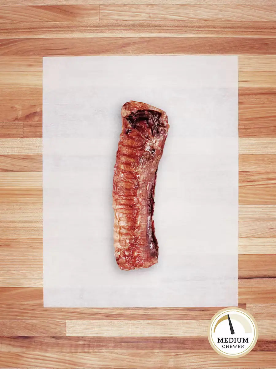 Farm Hounds beef trachea chew, 6-inch natural beef trachea treat for dogs, showing the textured, chewy airway product.