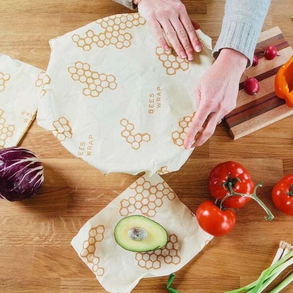 Reusable beeswax food wraps by Tilley + Me, showcasing organic, eco-friendly storage wraps in various sizes for sustainable food storage.