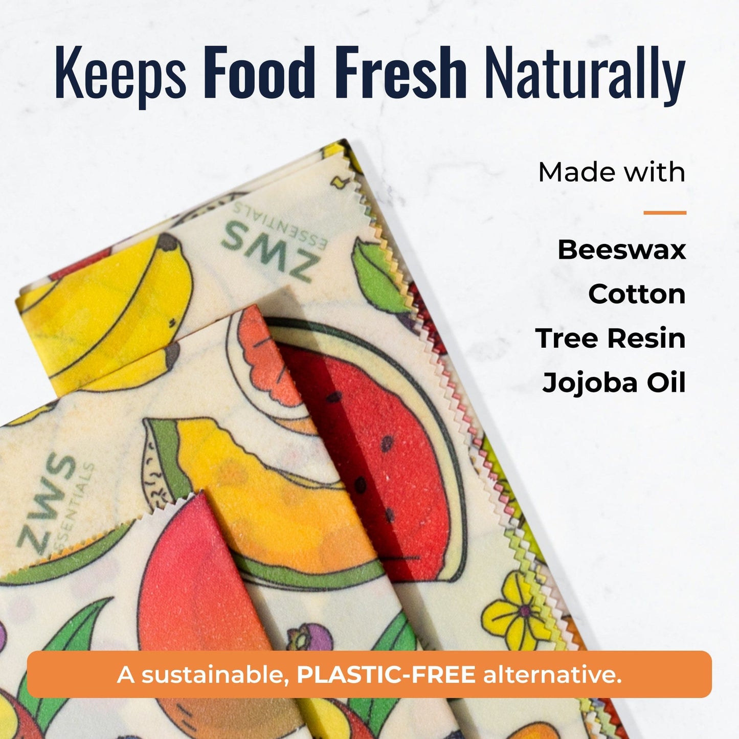 Set of beeswax food wraps with colorful fruit pattern, reusable plastic-free food storage wraps by ZeroWasteStore.com