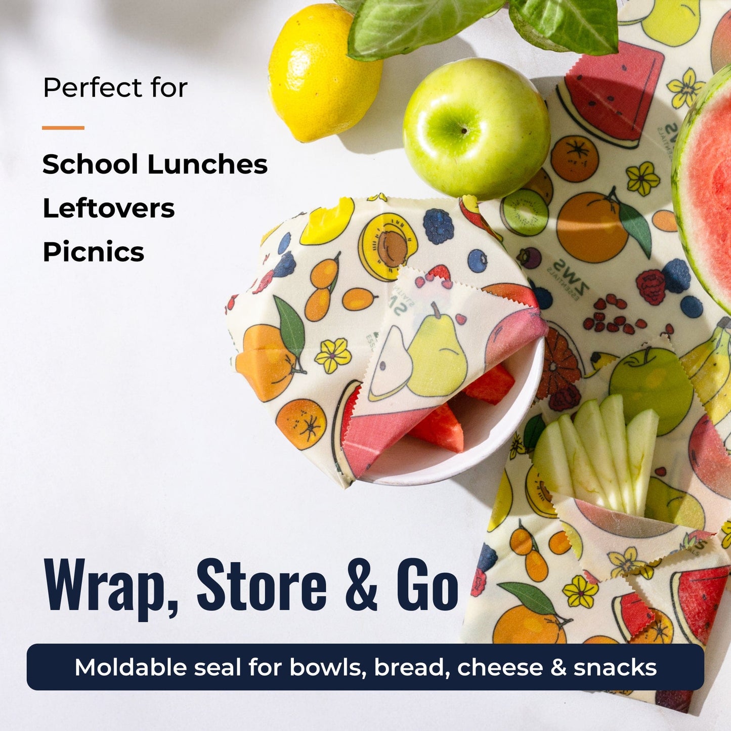 Set of beeswax food wraps with fruit pattern from ZeroWasteStore.com, showcasing reusable plastic-free food storage wraps.