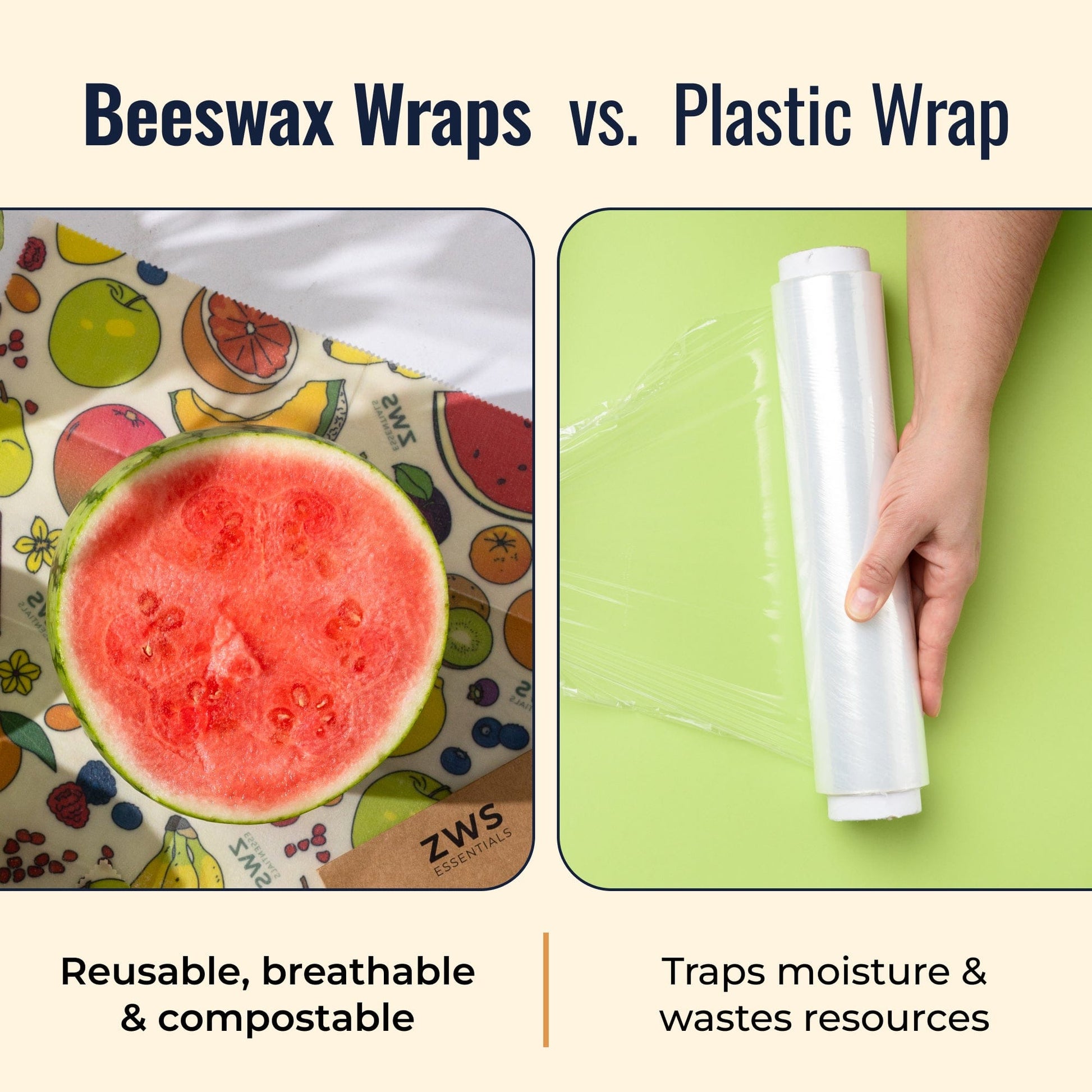Beeswax wraps in a fruit pattern, reusable plastic-free food storage wraps from ZeroWasteStore.com, showing colorful fruit designs.