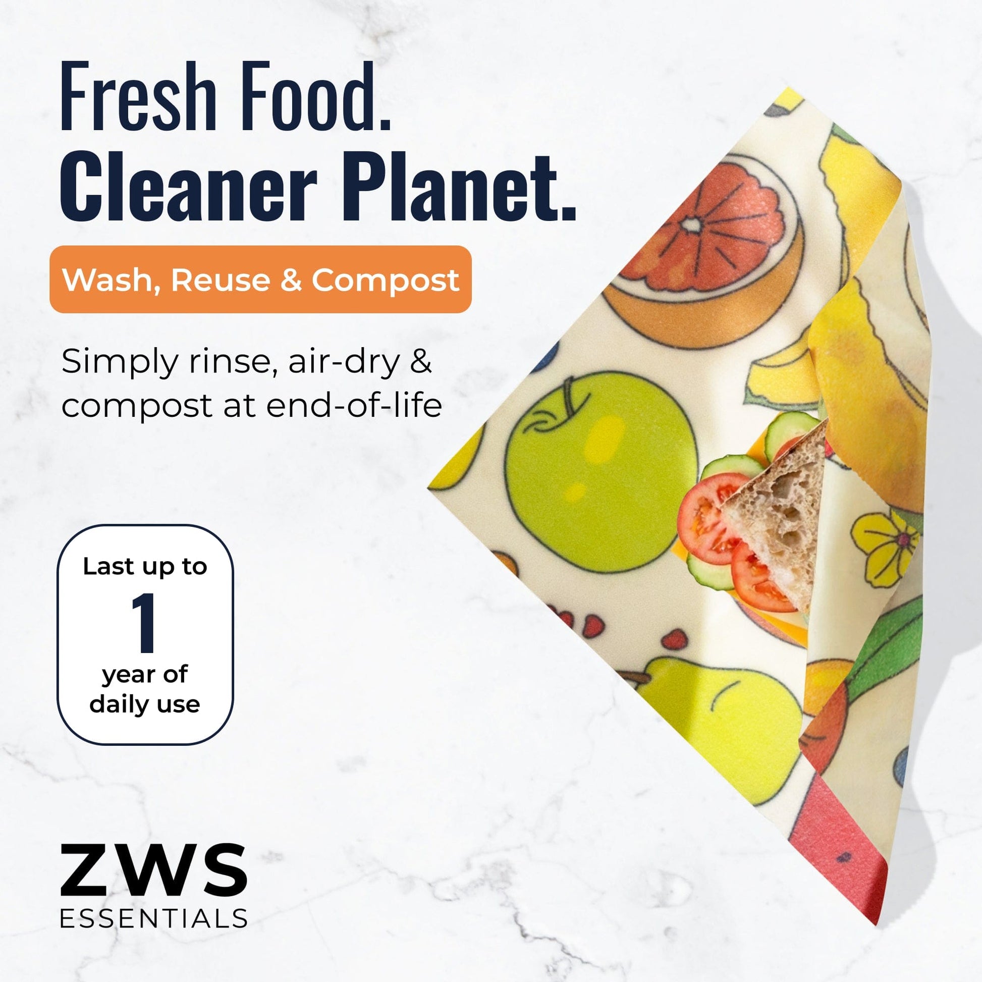 Set of beeswax food wraps with fruit pattern from ZeroWasteStore, reusable plastic-free food storage wraps for fresh covering.