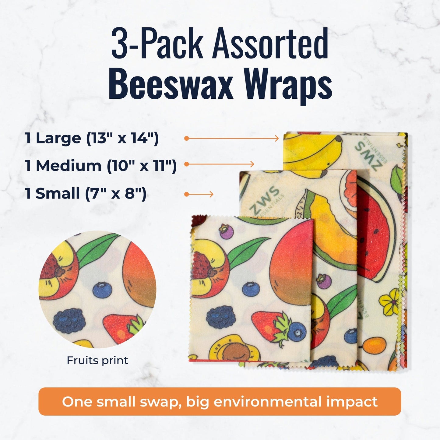 Set of three plastic-free beeswax food wraps with fruit pattern, assorted sizes for eco-friendly food storage by ZeroWasteStore.com