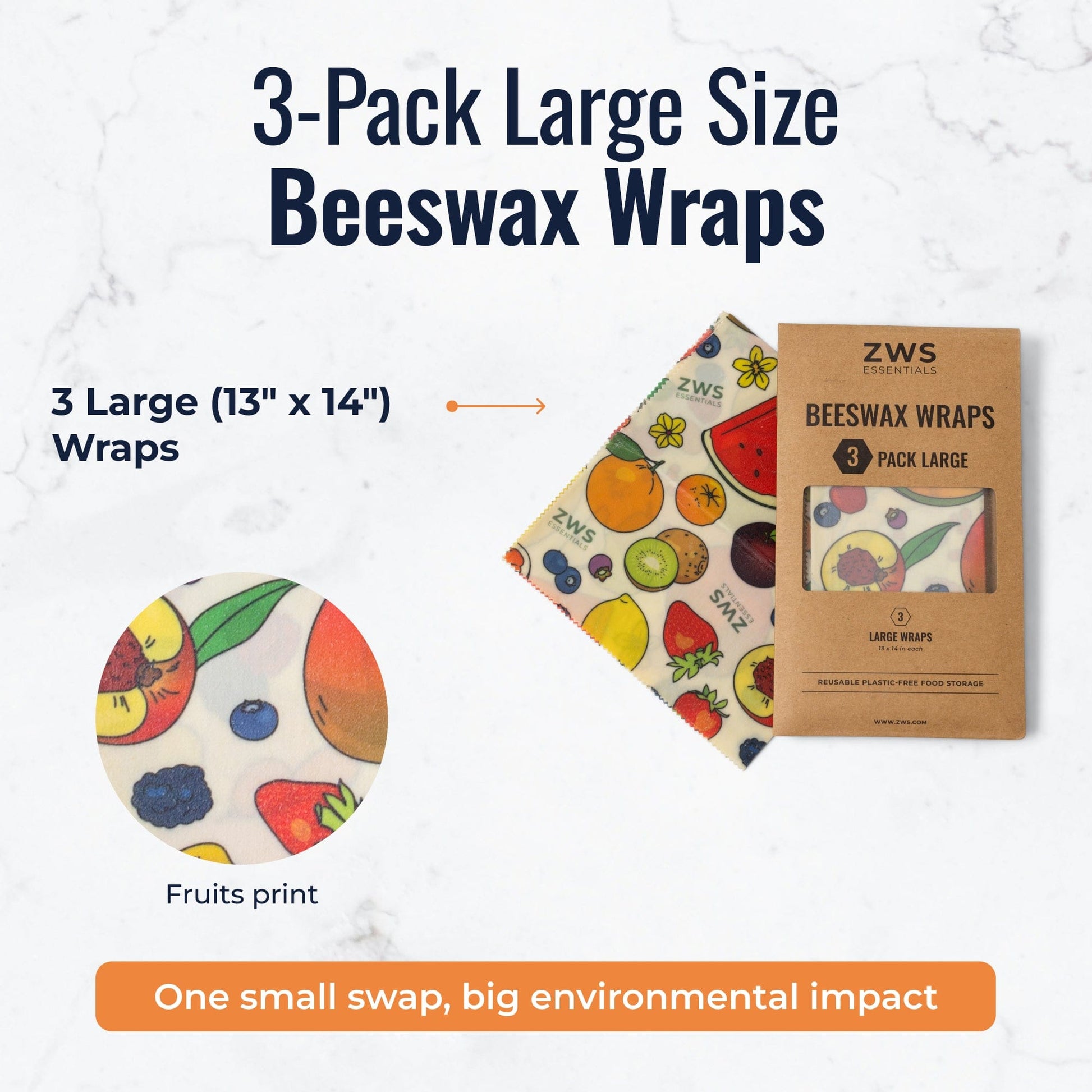 Set of three large beeswax food wraps with fruit pattern for plastic-free food storage from ZeroWasteStore.com