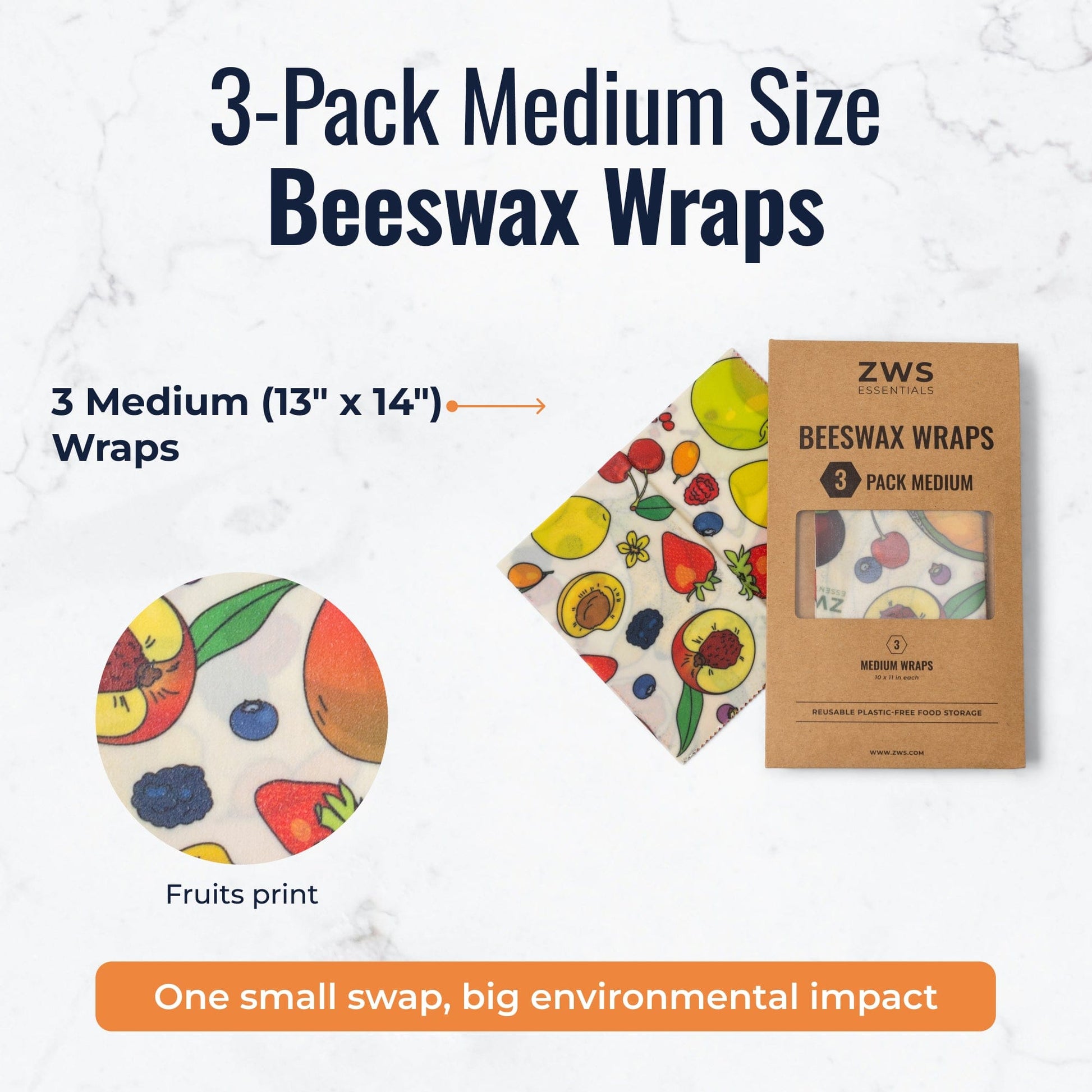 Set of three medium beeswax food wraps with fruit pattern, plastic-free food storage by ZeroWasteStore.com