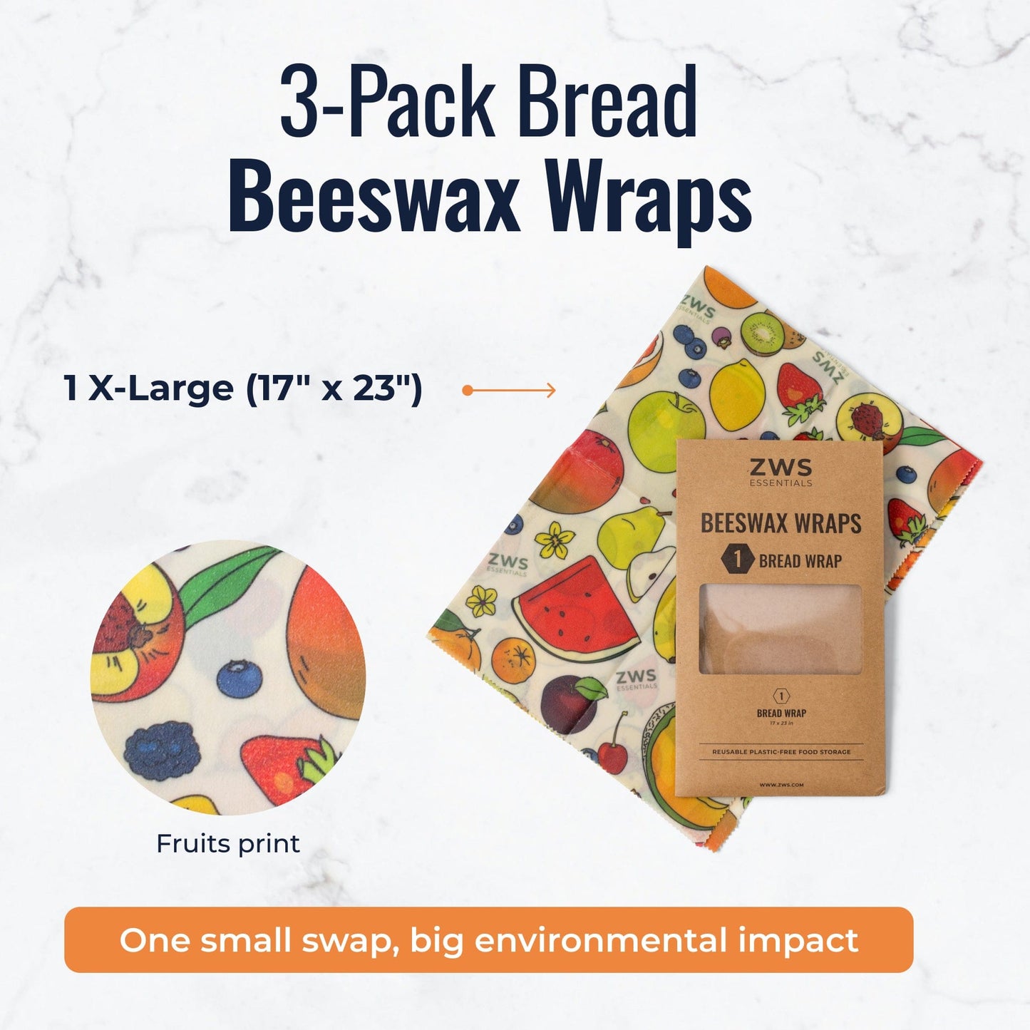 Colorful beeswax wraps with fruit pattern, reusable food storage wraps from ZeroWasteStore.com, suitable for bread and snacks.