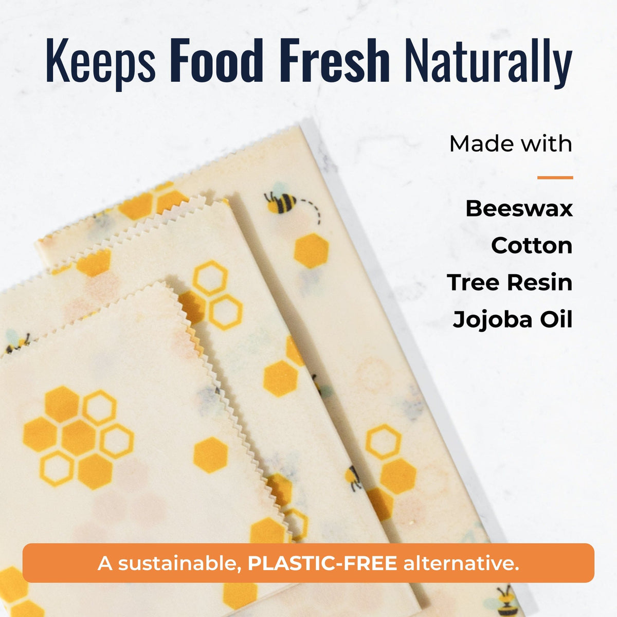 Beeswax wraps with honeycomb pattern from ZeroWasteStore.com, eco-friendly plastic-free food storage for wrapping and preserving food.